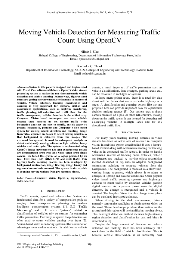 (PDF) Moving Vehicle Detection for Measuring Traffic Count Using OpenCV ...