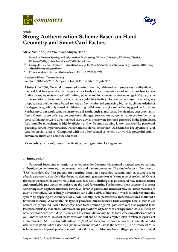 (PDF) Strong Authentication Scheme Based on Hand Geometry and Smart ...