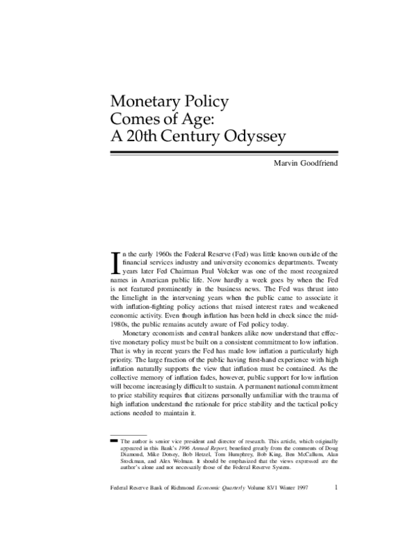 (PDF) Monetary policy comes of age: a 20th century odyssey