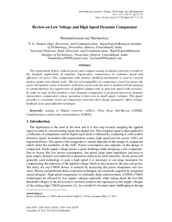 (PDF) Review on Low Voltage and High Speed Dynamic Comparator