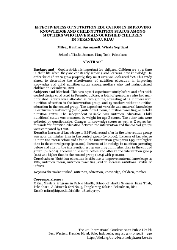 (PDF) Effectiveness of Nutrition Education in Improving Knowledge and ...