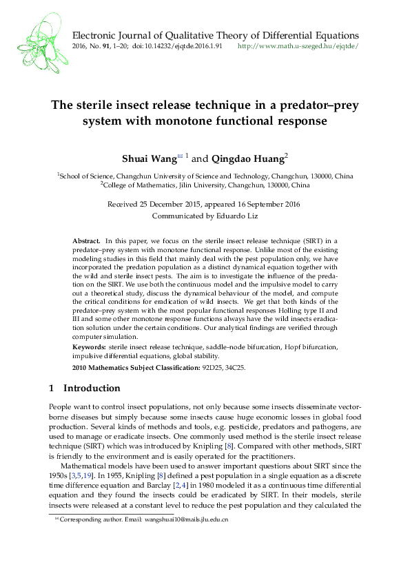 (PDF) The sterile insect release technique in a predator – prey system ...