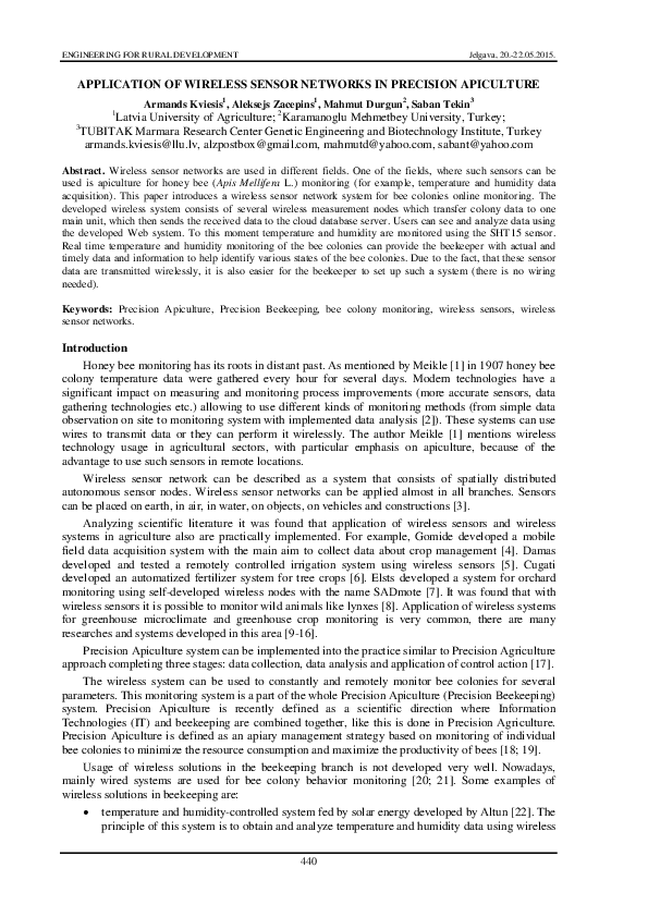 (PDF) Application of Wireless Sensor Networks in Precision Apiculture
