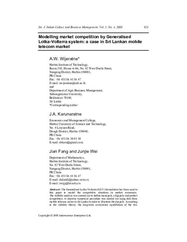 (PDF) Modelling market competition by Generalised Lotka Volterra system ...