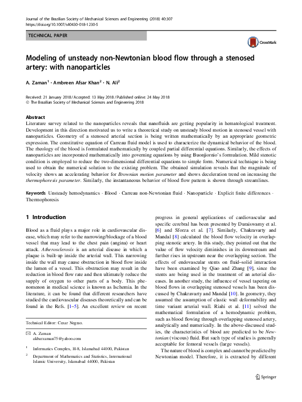 (PDF) Modeling of unsteady non-Newtonian blood flow through a stenosed ...