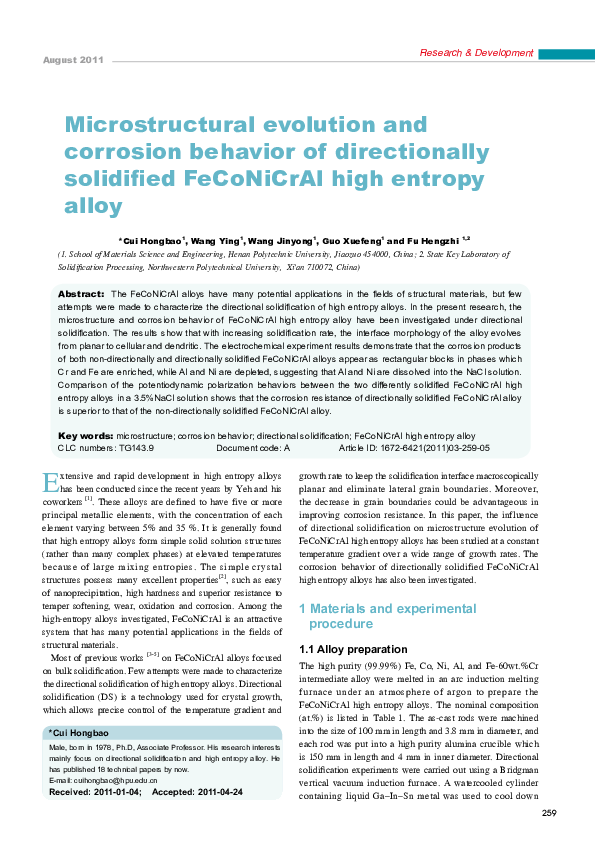 (PDF) Microstructure Evolution and Corrosion Behavior of Directionally ...