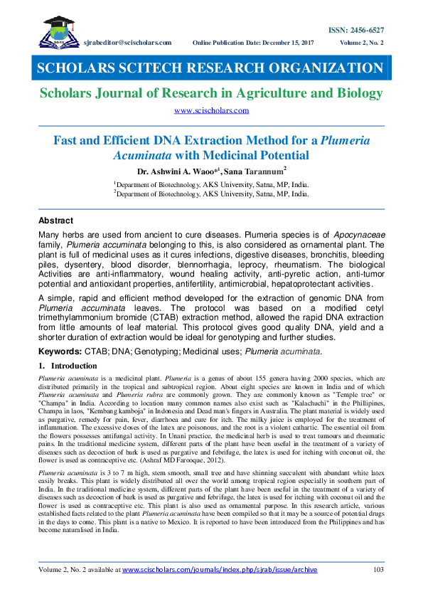 (PDF) Fast and Efficient DNA Extraction Method for a Plumeria acuminata ...