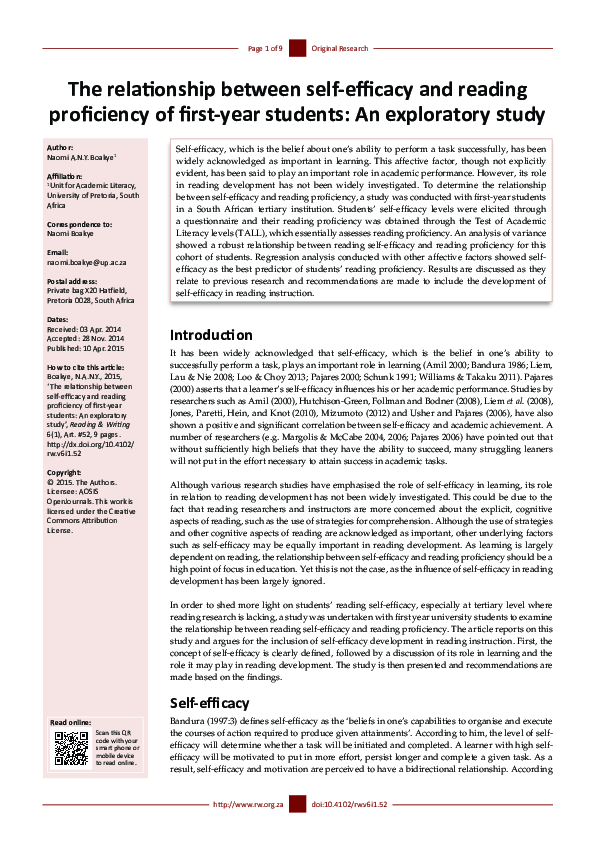 (PDF) The relationship between self-efficacy and reading proficiency of ...