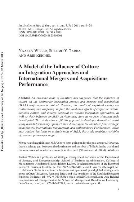 (PDF) A Model of the Influence of Culture on Integration Approaches and ...
