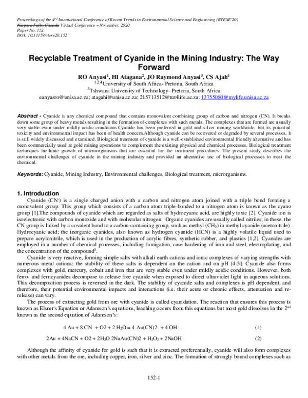 (PDF) Recyclable Treatment of Cyanide in the Mining Industry The Way