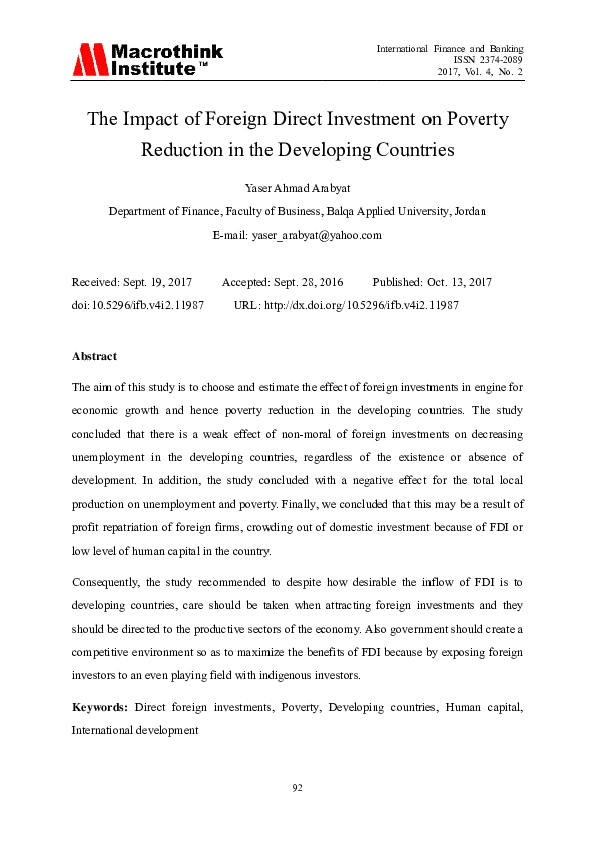 (PDF) The Impact of Foreign Direct Investment on Poverty Reduction in ...