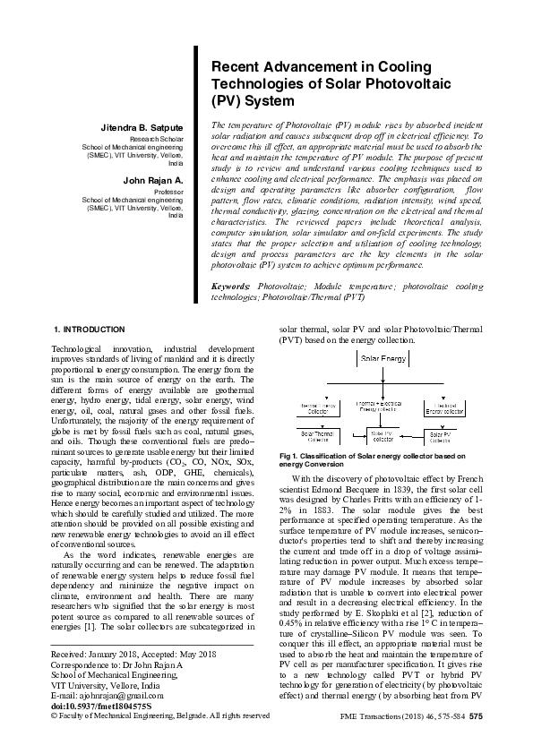 (PDF) Recent advancement in cooling technologies of solar photovoltaic ...
