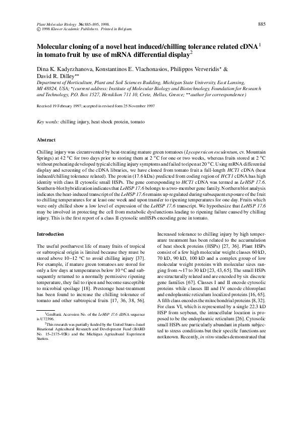 (PDF) Molecular cloning of a novel heat induced/chilling tolerance ...
