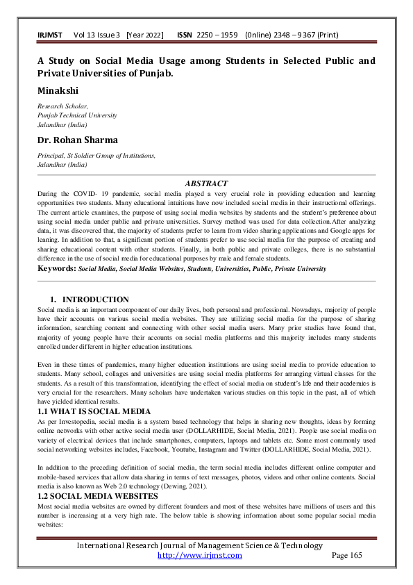 (PDF) A Study on Social Media Usage among Students in Selected Public ...