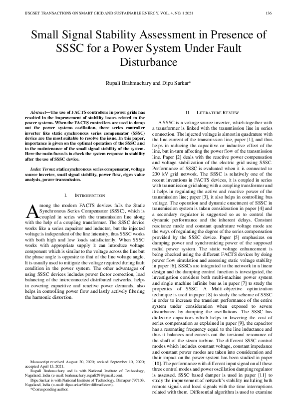 (PDF) Small Signal Stability Assessment in Presence of SSSC for a Power ...