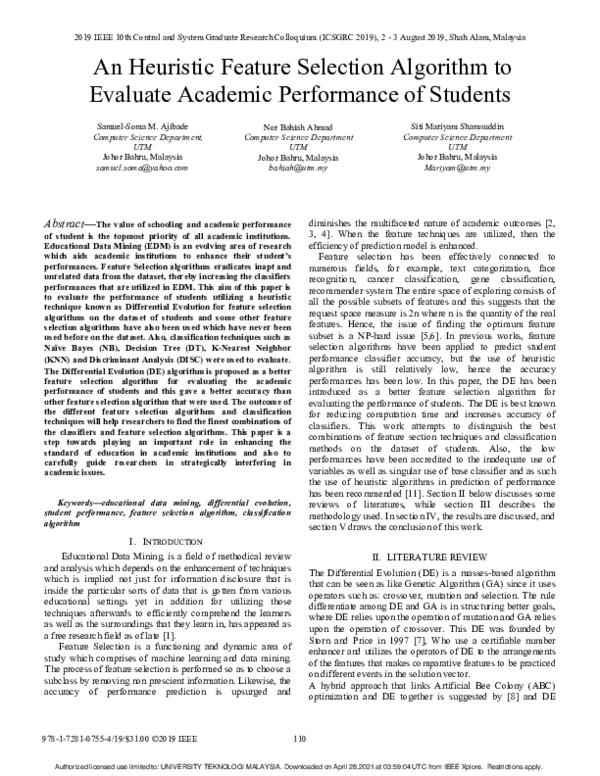 (PDF) An Heuristic Feature Selection Algorithm to Evaluate Academic ...
