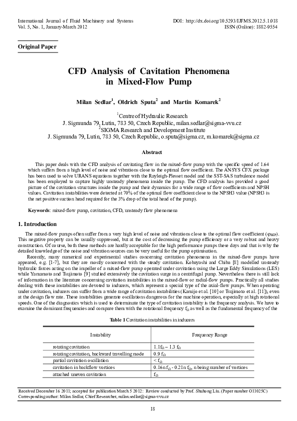 (PDF) CFD Analysis of Cavitation Phenomena in Mixed-Flow Pump