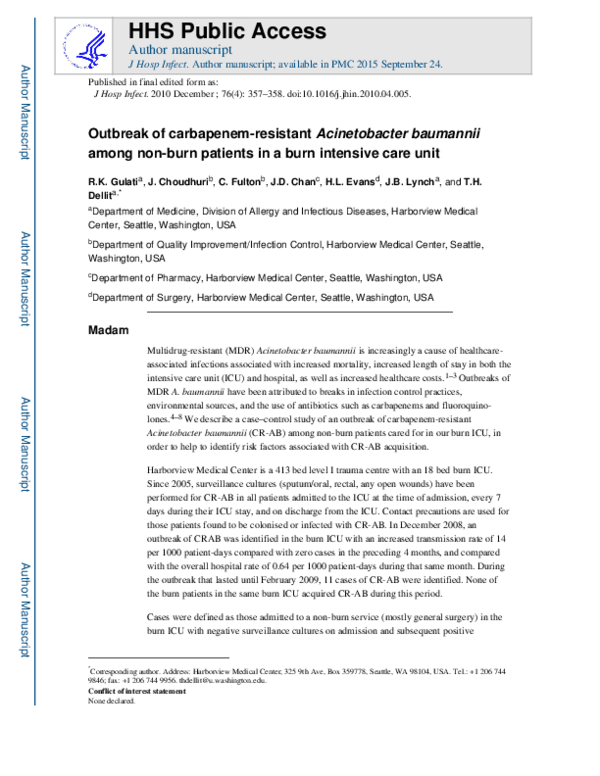 (PDF) Outbreak of carbapenem-resistant Acinetobacter baumannii among ...