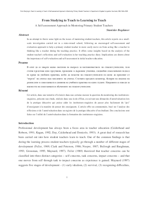 (PDF) From Studying to Teach to Learning to Teach: A Self-assessment ...
