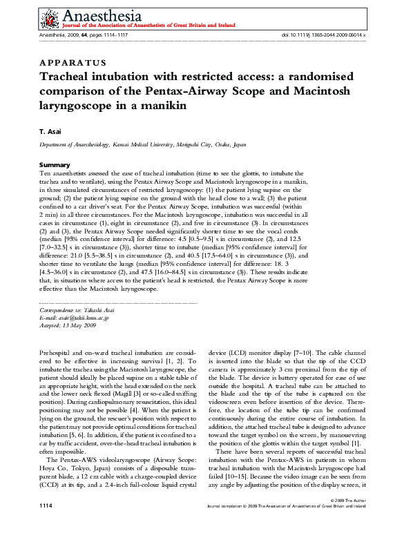(PDF) Tracheal intubation with restricted access: a randomised ...