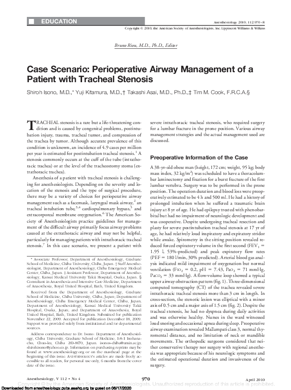 (PDF) Case Scenario Perioperative Airway Management of a Patient with Tracheal Stenosis