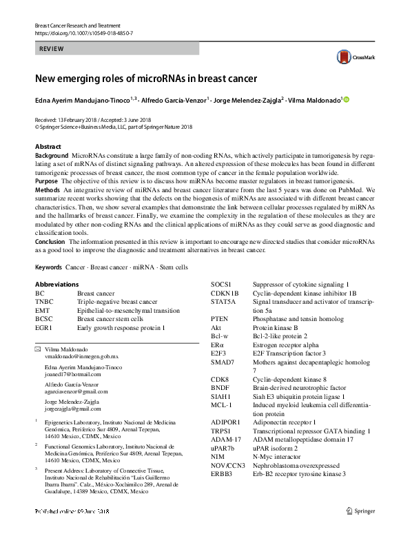 (PDF) New emerging roles of microRNAs in breast cancer