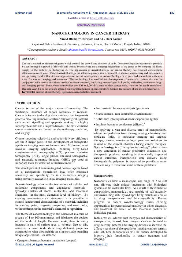 (PDF) Nanotechnology for Cancer Therapy