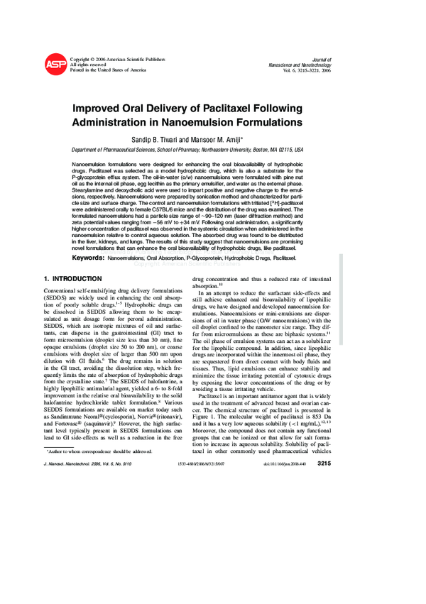 (PDF) Improved Oral Delivery of Paclitaxel Following Administration in ...