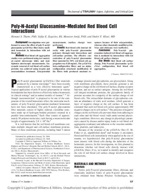 (PDF) PolyNAcetyl Glucosamine???Mediated Red Blood Cell Interactions