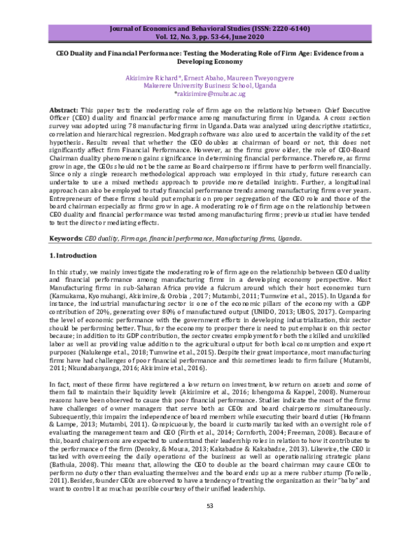 (PDF) CEO Duality and Financial Performance: Testing the Moderating ...