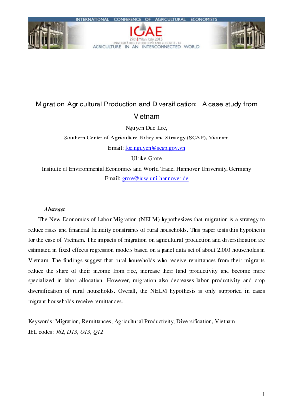 (PDF) Migration, Agricultural Production and Diversification: A case ...