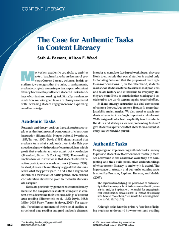 (PDF) The Case for Authentic Tasks in Content Literacy