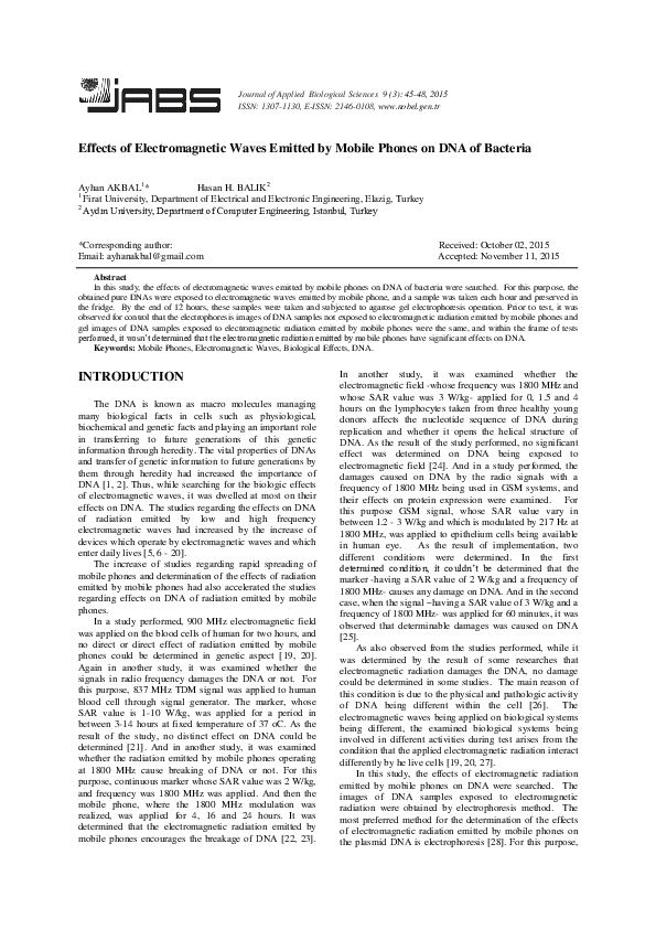 (PDF) Effects of Electromagnetic Waves Emitted by Mobile Phones on DNA ...