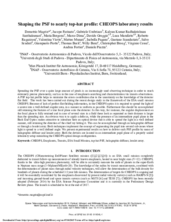 (PDF) Shaping the PSF to nearly top-hat profile: CHEOPS laboratory results