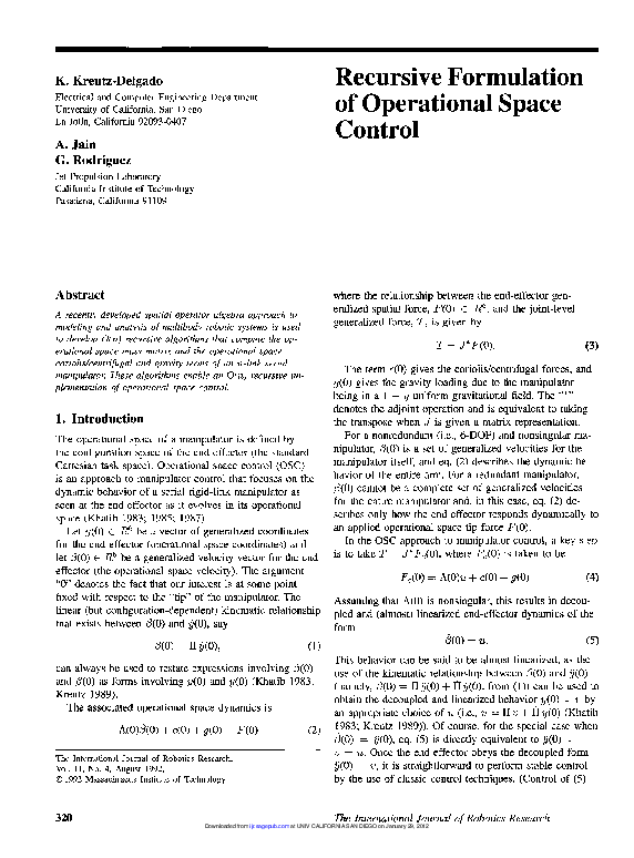 (PDF) Recursive Formulation of Operational Space Control
