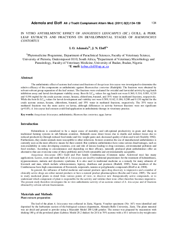 (PDF) IN VITRO ANTHELMINTIC EFFECT OF ANOGEISSUS LEIOCARPUS (DC.) GUILL ...