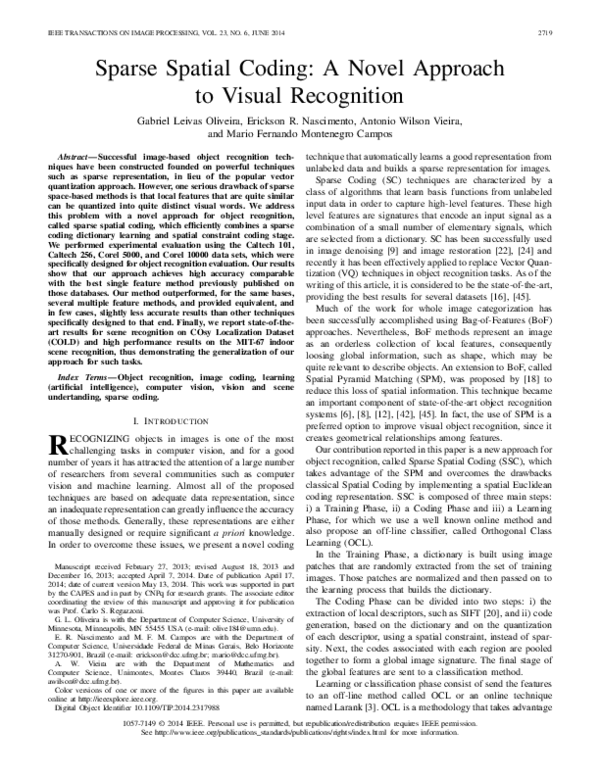 (PDF) Sparse Spatial Coding: A novel approach to visual recognition