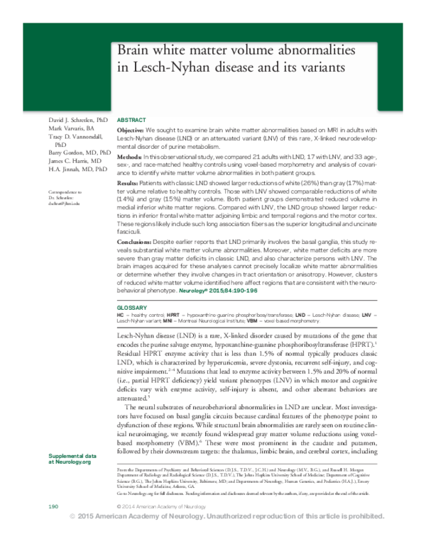 (PDF) Brain white matter volume abnormalities in Lesch-Nyhan disease ...