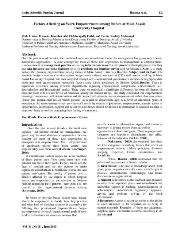 (PDF) Factors Affecting on Work Empowerment among Nurses at Main Assuit ...