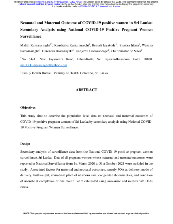 (PDF) Neonatal and Maternal Outcome of COVID-19 positive women in Sri ...