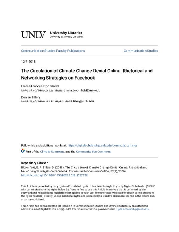 The Circulation of Climate Change Denial Online: Rhetorical and Networking Strategies on Facebook