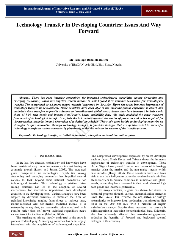 (PDF) Technology Transfer In Developing Countries : Issues And Way ...