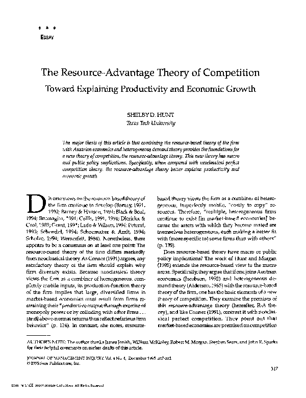 (PDF) The ResourceAdvantage Theory of Competition Shelby Hunt