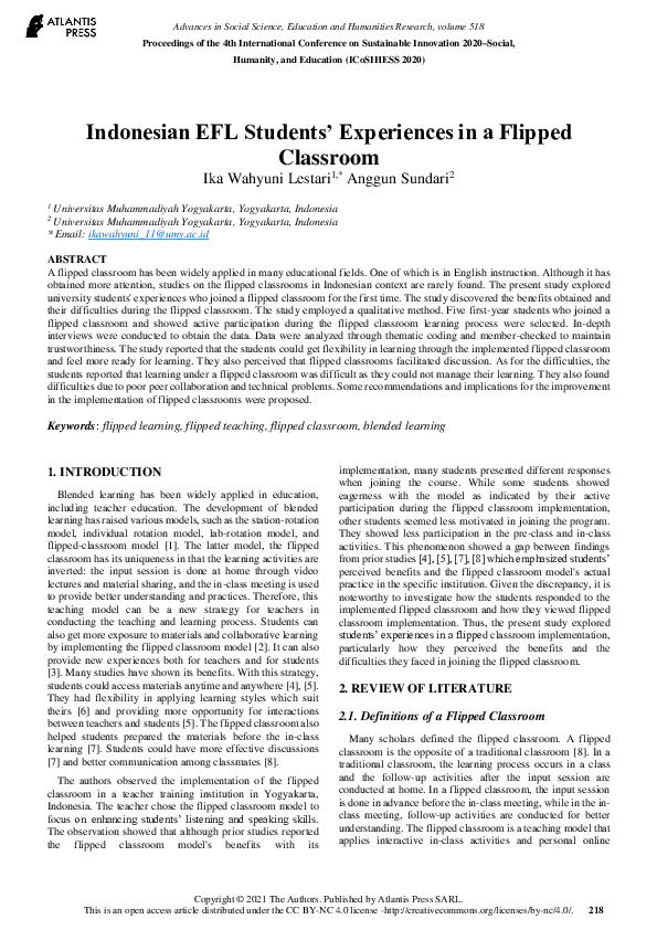 (PDF) Indonesian EFL Students’ Experiences in a Flipped Classroom