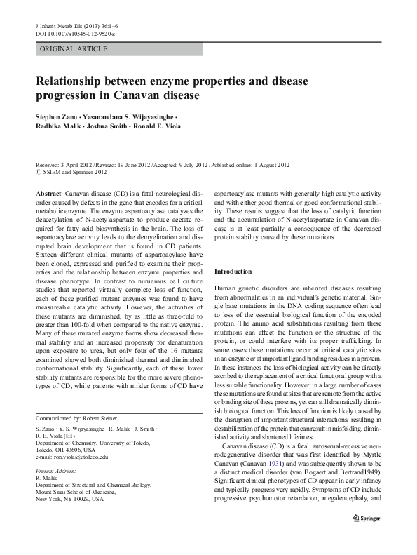 (PDF) Enzyme Stability and Disease in Canavan Disease