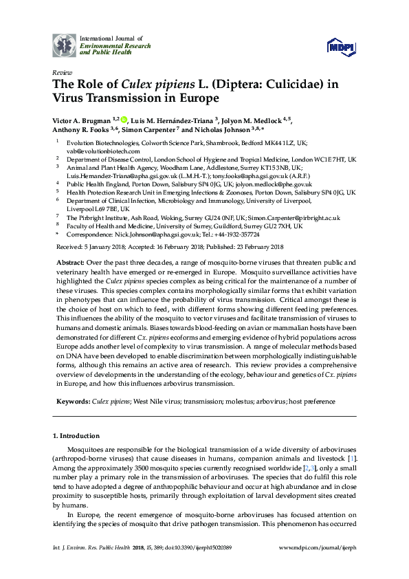(PDF) The Role of Culex pipiens L. (Diptera: Culicidae) in Virus ...