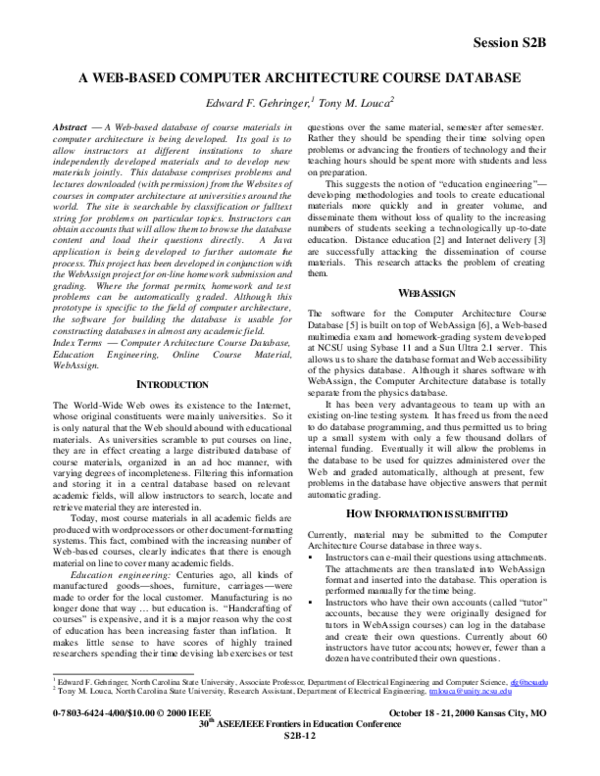 (PDF) A based computer architecture course database Ed Gehringer