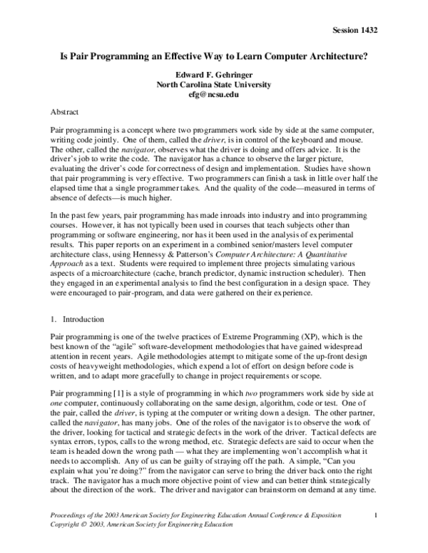 (PDF) Is Pair Programming An Effective Way To Learn Computer Architecture?