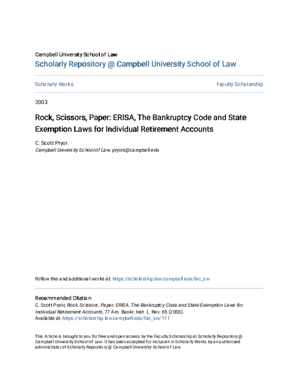 (PDF) Rock, Scissors, Paper: ERISA, The Bankruptcy Code and State ...
