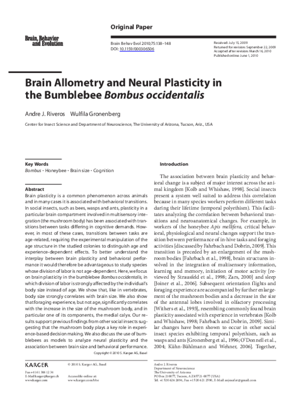 (PDF) Brain Allometry and Neural Plasticity in the Bumblebee Bombus ...